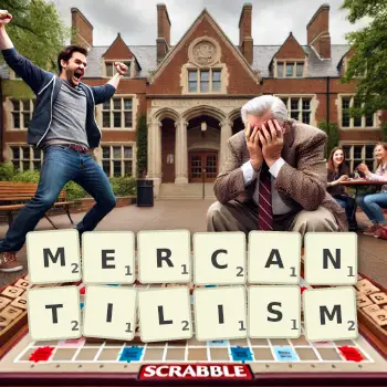 Creative illustration for a Scrabble game with the word MERCANTILISM spelled out in tiles on the board.