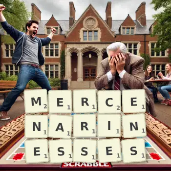 Creative illustration for a Scrabble game with the word MERCENARINESSES spelled out in tiles on the board.