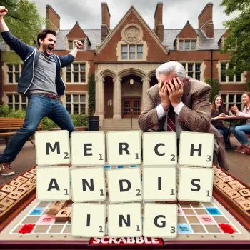 Creative illustration for a Scrabble game with the word MERCHANDISING spelled out in tiles on the board.