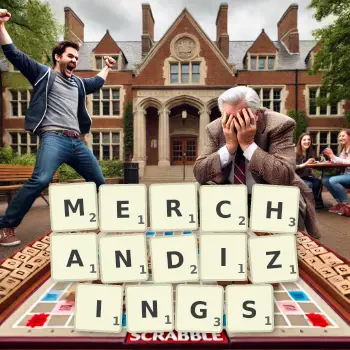 Creative illustration for a Scrabble game with the word MERCHANDIZINGS spelled out in tiles on the board.