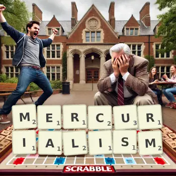 Creative illustration for a Scrabble game with the word MERCURIALISM spelled out in tiles on the board.