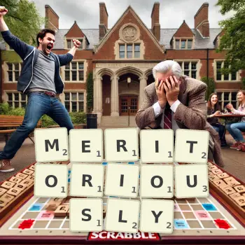 Creative illustration for a Scrabble game with the word MERITORIOUSLY spelled out in tiles on the board.