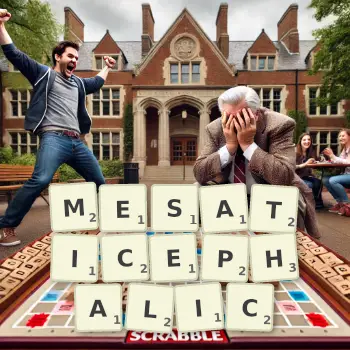 Creative illustration for a Scrabble game with the word MESATICEPHALIC spelled out in tiles on the board.