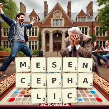 Creative illustration for a Scrabble game with the word MESENCEPHALIC spelled out in tiles on the board.