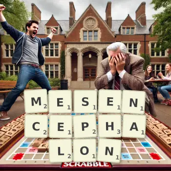 Creative illustration for a Scrabble game with the word MESENCEPHALON spelled out in tiles on the board.