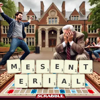 Creative illustration for a Scrabble game with the word MESENTERIAL spelled out in tiles on the board.