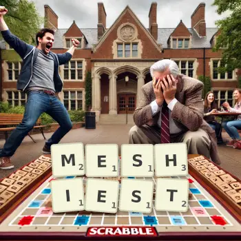 Creative illustration for a Scrabble game with the word MESHIEST spelled out in tiles on the board.