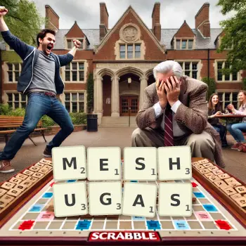Creative illustration for a Scrabble game with the word MESHUGAS spelled out in tiles on the board.