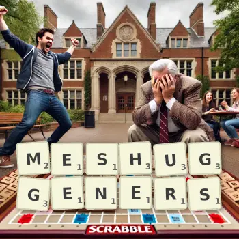 Creative illustration for a Scrabble game with the word MESHUGGENERS spelled out in tiles on the board.