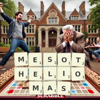Creative illustration for a Scrabble game with the word MESOTHELIOMAS spelled out in tiles on the board.