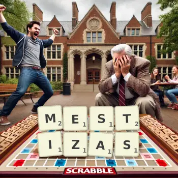 Creative illustration for a Scrabble game with the word MESTIZAS spelled out in tiles on the board.