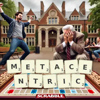 Creative illustration for a Scrabble game with the word METACENTRIC spelled out in tiles on the board.