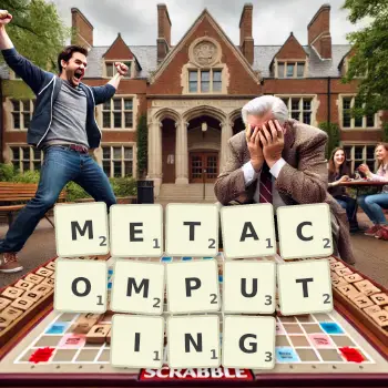 Creative illustration for a Scrabble game with the word METACOMPUTING spelled out in tiles on the board.