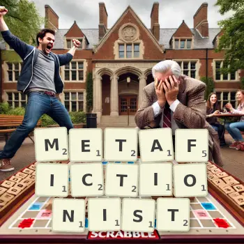 Creative illustration for a Scrabble game with the word METAFICTIONIST spelled out in tiles on the board.