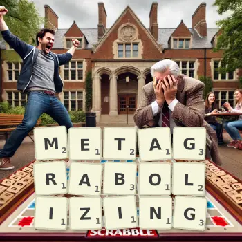 Creative illustration for a Scrabble game with the word METAGRABOLIZING spelled out in tiles on the board.