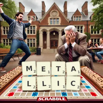 Creative illustration for a Scrabble game with the word METALLIC spelled out in tiles on the board.