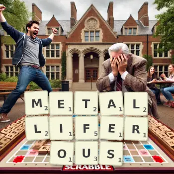 Creative illustration for a Scrabble game with the word METALLIFEROUS spelled out in tiles on the board.