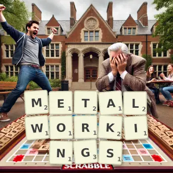 Creative illustration for a Scrabble game with the word METALWORKINGS spelled out in tiles on the board.