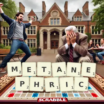 Creative illustration for a Scrabble game with the word METANEPHRIC spelled out in tiles on the board.