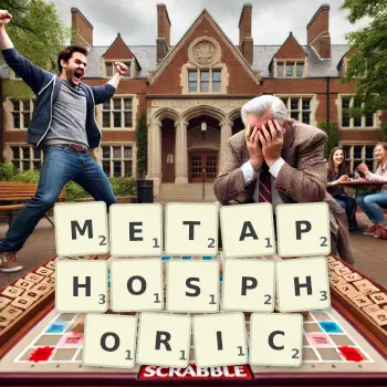 Creative illustration for a Scrabble game with the word METAPHOSPHORIC spelled out in tiles on the board.