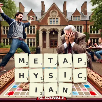 Creative illustration for a Scrabble game with the word METAPHYSICIAN spelled out in tiles on the board.