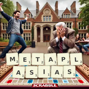 Creative illustration for a Scrabble game with the word METAPLASIAS spelled out in tiles on the board.