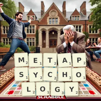 Creative illustration for a Scrabble game with the word METAPSYCHOLOGY spelled out in tiles on the board.