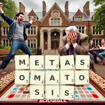 Creative illustration for a Scrabble game with the word METASOMATOSIS spelled out in tiles on the board.