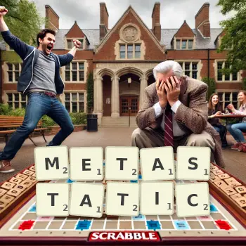 Creative illustration for a Scrabble game with the word METASTATIC spelled out in tiles on the board.