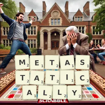 Creative illustration for a Scrabble game with the word METASTATICALLY spelled out in tiles on the board.