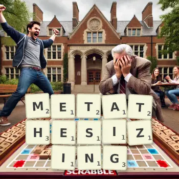 Creative illustration for a Scrabble game with the word METATHESIZING spelled out in tiles on the board.