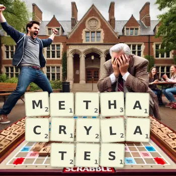 Creative illustration for a Scrabble game with the word METHACRYLATES spelled out in tiles on the board.