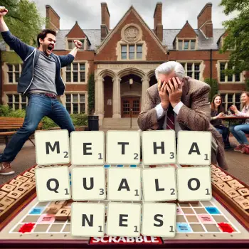 Creative illustration for a Scrabble game with the word METHAQUALONES spelled out in tiles on the board.