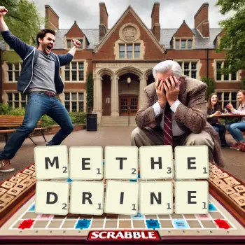 Creative illustration for a Scrabble game with the word METHEDRINE spelled out in tiles on the board.