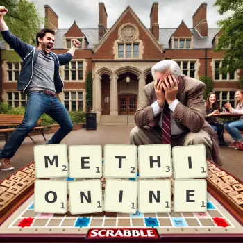 Creative illustration for a Scrabble game with the word METHIONINE spelled out in tiles on the board.