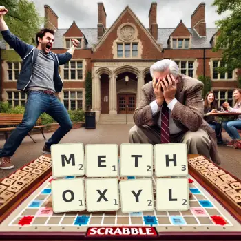 Creative illustration for a Scrabble game with the word METHOXYL spelled out in tiles on the board.