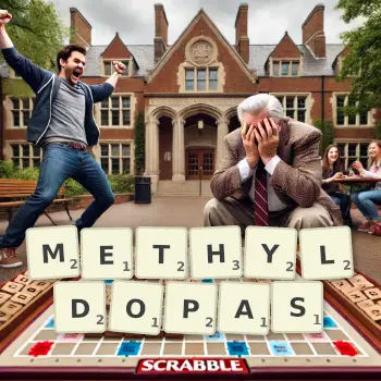 Creative illustration for a Scrabble game with the word METHYLDOPAS spelled out in tiles on the board.