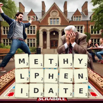Creative illustration for a Scrabble game with the word METHYLPHENIDATE spelled out in tiles on the board.