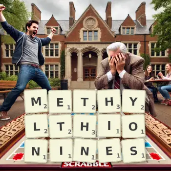 Creative illustration for a Scrabble game with the word METHYLTHIONINES spelled out in tiles on the board.