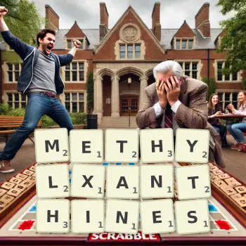 Creative illustration for a Scrabble game with the word METHYLXANTHINES spelled out in tiles on the board.