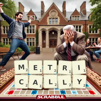 Creative illustration for a Scrabble game with the word METRICALLY spelled out in tiles on the board.