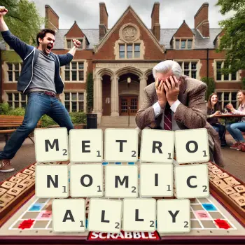 Creative illustration for a Scrabble game with the word METRONOMICALLY spelled out in tiles on the board.