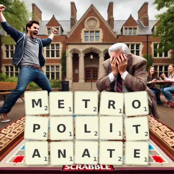 Creative illustration for a Scrabble game with the word METROPOLITANATE spelled out in tiles on the board.