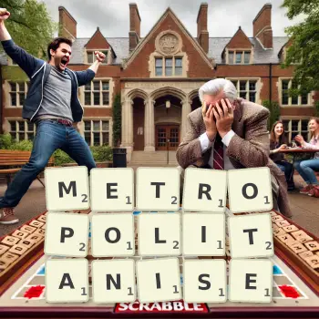Creative illustration for a Scrabble game with the word METROPOLITANISE spelled out in tiles on the board.
