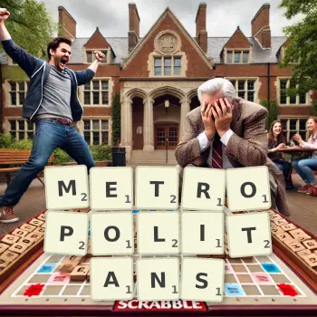 Creative illustration for a Scrabble game with the word METROPOLITANS spelled out in tiles on the board.