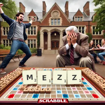 Creative illustration for a Scrabble game with the word MEZZ spelled out in tiles on the board.