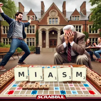 Creative illustration for a Scrabble game with the word MIASM spelled out in tiles on the board.