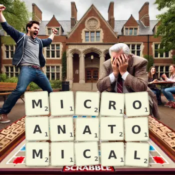 Creative illustration for a Scrabble game with the word MICROANATOMICAL spelled out in tiles on the board.