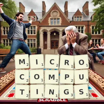 Creative illustration for a Scrabble game with the word MICROCOMPUTINGS spelled out in tiles on the board.