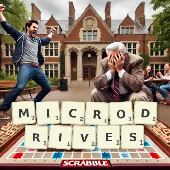 Creative illustration for a Scrabble game with the word MICRODRIVES spelled out in tiles on the board.